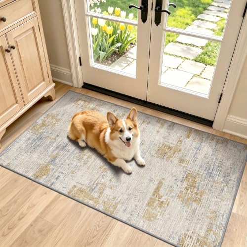 Entryway Runner Rug 2x4ft,Non Slip Carpet Runner, Beige/Gold