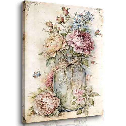 Vintage Rose Wall Art Pink Wildflowers Botanical Wall Decor Mason Jar Floral Canvas Print Victorian Picture Perfect for Bedroom Living Room Bathroom Ready to Hang (12x16in Canvas)