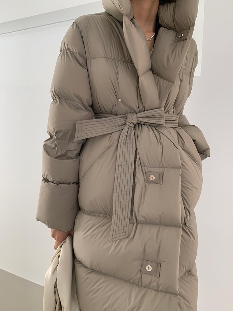 Women's Down Jacket Long Knee Length Hood Loose Warm and Thick Autumn/Winter Gray Coat with Belt