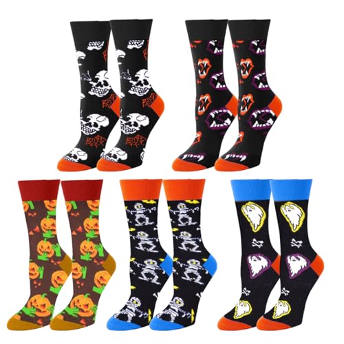 Meias engraçadas de Halloween, 5 pares inovadores de algodão coloridos abóbora esqueleto assustador decoração, meias de algodão, ideias disfarce Halloween presentes divertidos