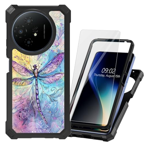 DHYYDSQZ for TCL 50 XL 5G Phone Case for TCL 50 XL NxtPaper with Tempered Glass Screen Protector Heavy Duty Dual Layer Hybrid Bumper Dragonfly Watercolour Shockproof Protective Cover for TCL 50XL 5G
