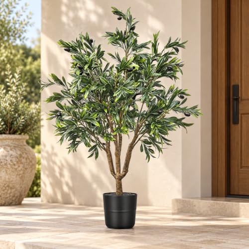 Olivier artificiel 110 cm, Grand Végétal Résistant aux UV avec Feuilles et Fruits Réalistes, Plante d’intérieur et d’extérieur pour Jardin, Terrasse, Porche, Maison et Bureau