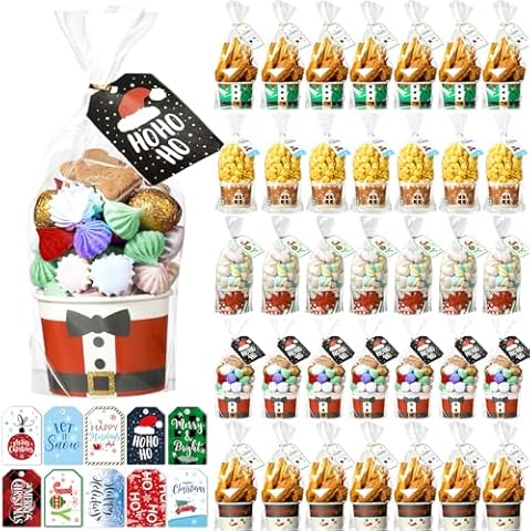 Layhit Christmas Gift Basket Set Empty 50 Christmas Treat Snack Cups 50 Clear Cellophane Bags 50 Christmas Gift Tags 50 Wrapping Ties for Xmas Cookie Candy Gifts Winter Holiday Party Favors Supplies Cover