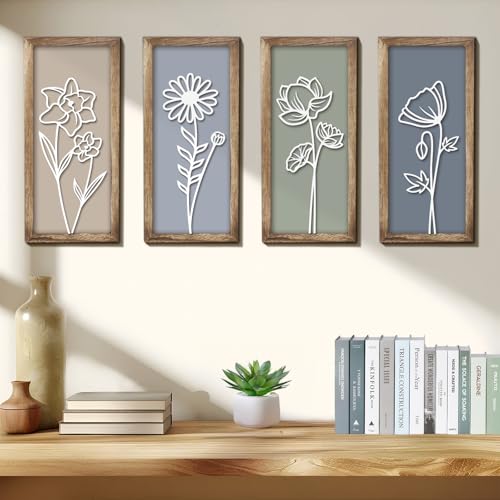 3D Wooden Floral Wall Art, 4 Pcs 7 x 16