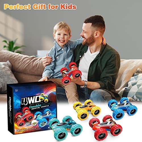 4 Pack Double Side Pull Back Cars,360° Rotation Off-road Friction Powered Toy Car for kids/Rubber Wheels Shockproof Inertia/Double Side Two-colors Graffiti Race Toy for 3-12 Years Kids Birthday Gifts