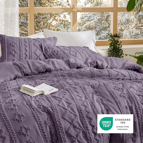 Image of Bedsure Tufted Boho Comforter Set Queen Size - Grayish Purple Boho Bed Set, GentleSoft 3 Pieces Farmhouse-Style Embroidery Bedding, Gifts for Woman, Soft Jacquard Kids' Comforter for All Seasons