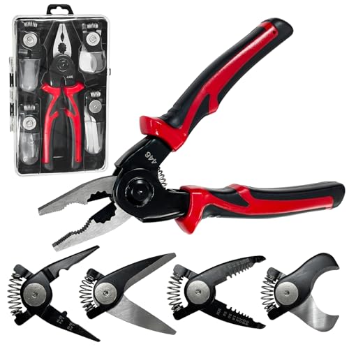 SUGOOE 5 in 1 Pliers Set with 5 Interchangeable Tool Heads - Wire Stripper, Crimping Plier, Cable Cutter, Electrician Scissors, Linesman Plier - Ergonomic 8 Inch Handle with Storage Case