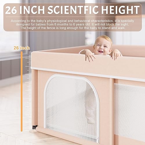 Omzer Baby Playpen with Mat 71"×59" - Extra Large Playpen for Babies and Toddlers with Mat Included, Safety Playard for Baby with Gate, All-Wrapped Soft Sponge Baby Gate Playpen with Stable Mat Velcro