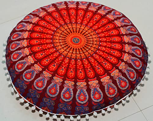 Round Mandala Floor Pillow Cover Seating Cushion Throw Cover Ottoman Pouf Cover Pom Pom Pillow Cases Hippie Decorative Bohemian Boho Indian 22 Inches (Maroon) #TOP6