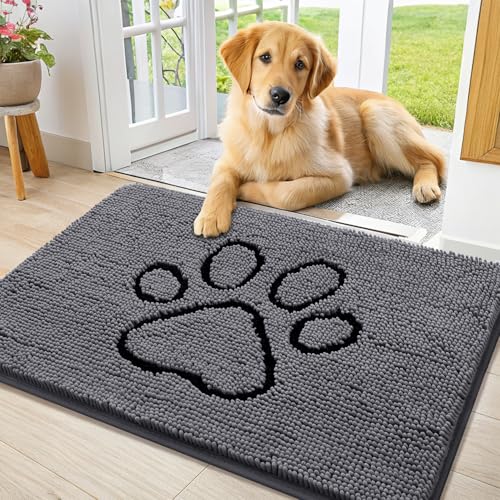 Image of Smiry Dog Door Mat for Muddy Paws, Absorbent Dirt Trapper Non Slip Quick Dry Washable Chenille Mat for Mud Dogs, Entry Rug for Indoor and Outdoor (36x24 Inches, Dark Grey and Black)