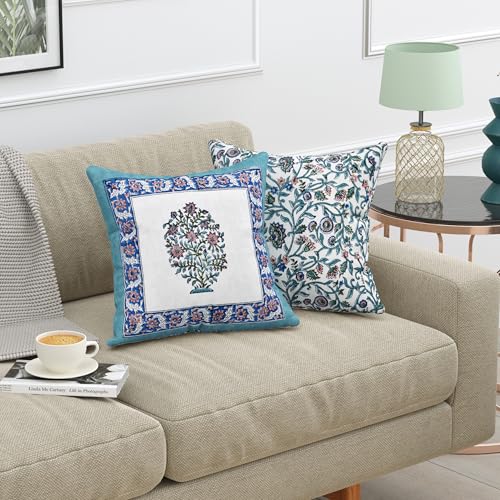 Image of BLOCKS OF INDIA Hand Block Printed Cotton Linen Cushion Cover (16 x 16 inches) (Blue VASS)