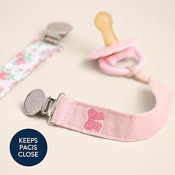 Itzy Ritzy Fabric Pacifier Strap, Universal Pacifier Clip Set of 2 (Bows) | Soft Fabric Pacifier & Toy Straps Attach to Clothing, Strollers & Bags to Keep Baby Essentials Clean, Secure & Easy to Find