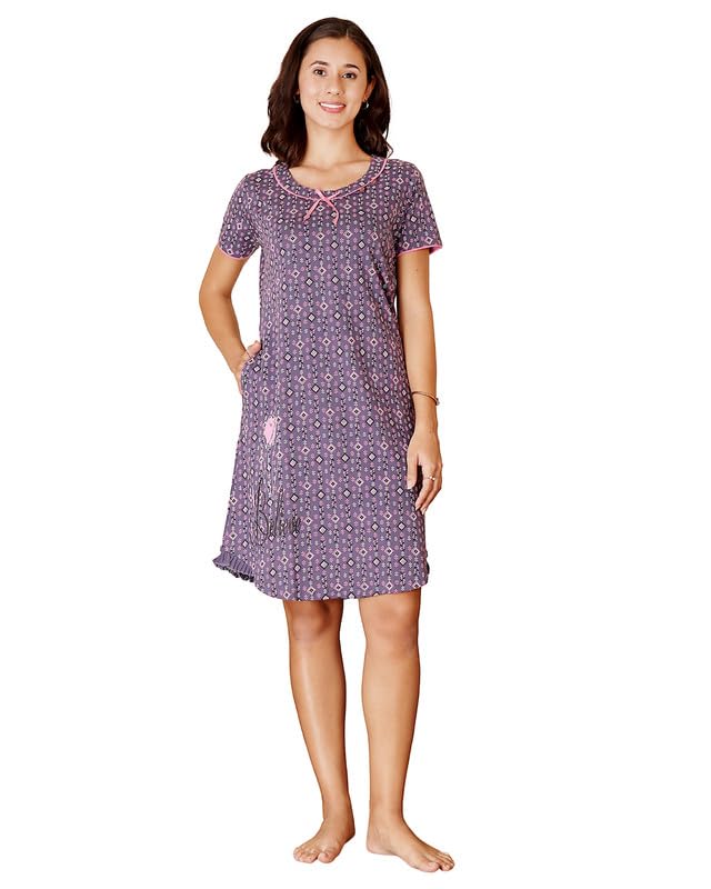 bodycare Women’s Nightdress | Multicolor Cotton Nighty | Knee-Length, Short Sleeves, Relaxed Fit, with Pockets | Combed Cotton Fabric-picture-29