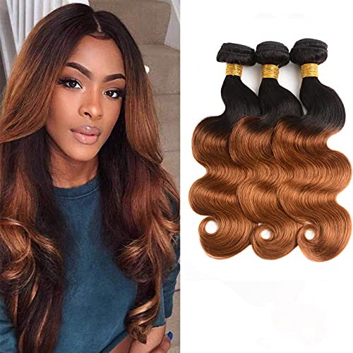 Ombre Human Hair Bundles Body Wave Bundles Human Hair 10A Unprocessed Brazilian Virgin Human Hair Extensions for Black Women T1/30 Color (10 12 14 Inch)