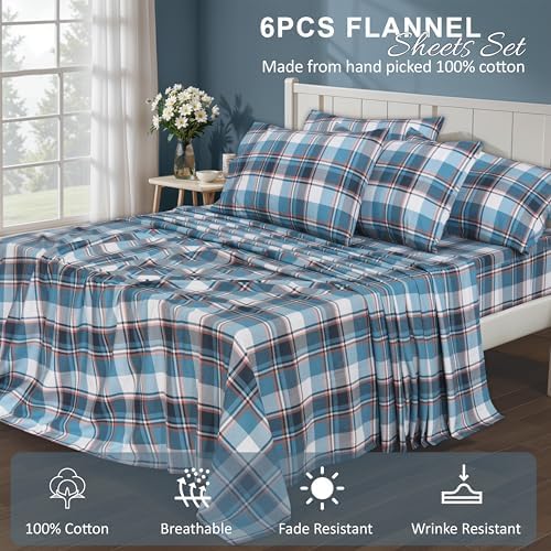 RUVANTI Flannel Sheets Queen Size 6 Pcs - 100% Cotton Double Brushed Bed Sheets, Deep Pockets 16 Inches Queen Sheet Set, All Seasons Breathable, Extra Soft & Comfy, Cadet - Thumbnail 3