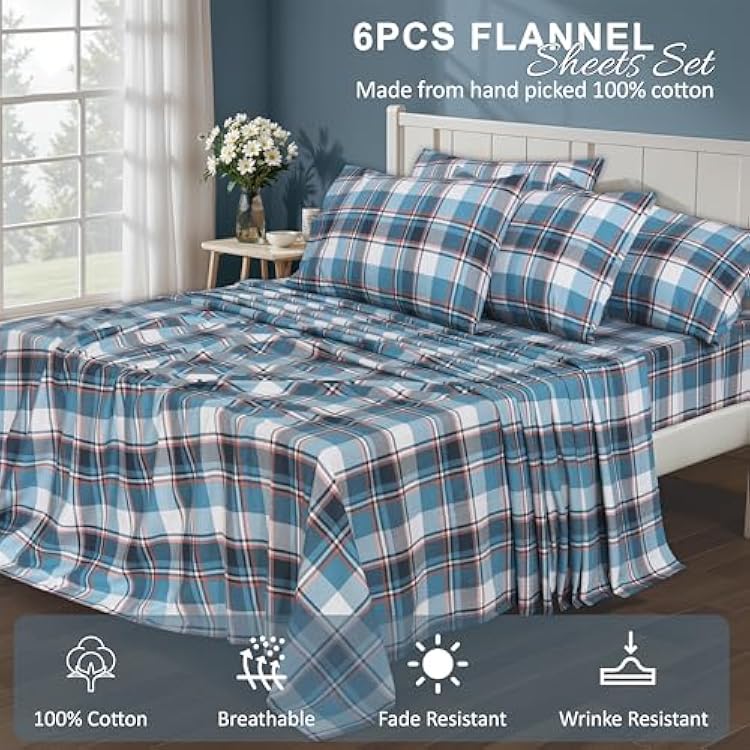 RUVANTI Flannel Sheets Queen Size 6 Pcs - 100% Cotton Double Brushed Bed Sheets, Deep Pockets 16 Inches Queen Sheet Set, All Seasons Breathable, Extra Soft & Comfy, Dynasty