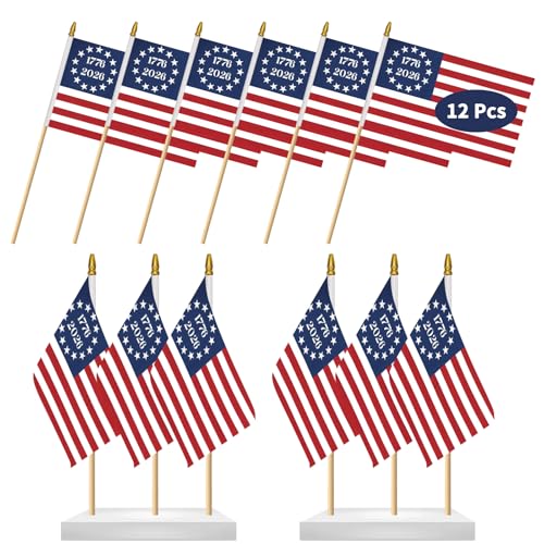 FLUUZE 250th Anniversary USA Flags on Stick, 12 Pcs American 1776-2026 Flags, 8.3x5.5 Inch, 250th Anniversary USA Merchandise, Patriotic Flag, Memorial Day Decorations, 4th of July Decorations (1776-2026)