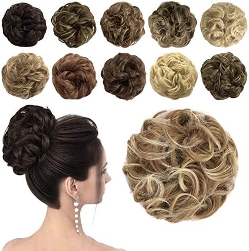 Sofeiyan Messy Bun Hair Piece Synthetic Curly Updo Hair Scrunchies Chignon Hairpiece Extensions for Women Girls, Medium Brown Mix Light Auburn