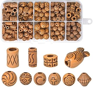 Pinsheng 200 Pcs Printed Wooden Beads for Crafts, Various Shapes Loose Printed Barrel Wooden Beads with Storage Box for Jewelry Making, DIY Bracelet Necklace, Handmade Decorations