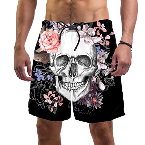 Short de plage séchage rapide à motif tête de crâne de sucre et fleur de rose pour hommes JDEZ