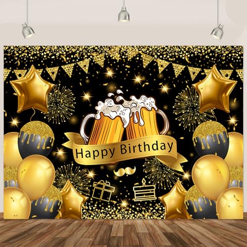 Gold Happy Birthday Banner Backdrop for Men Black Gold Beer Theme Birthday Party Decorations Men Women Beer Party Decorations Banner Supplies 5.9x3.6Ft