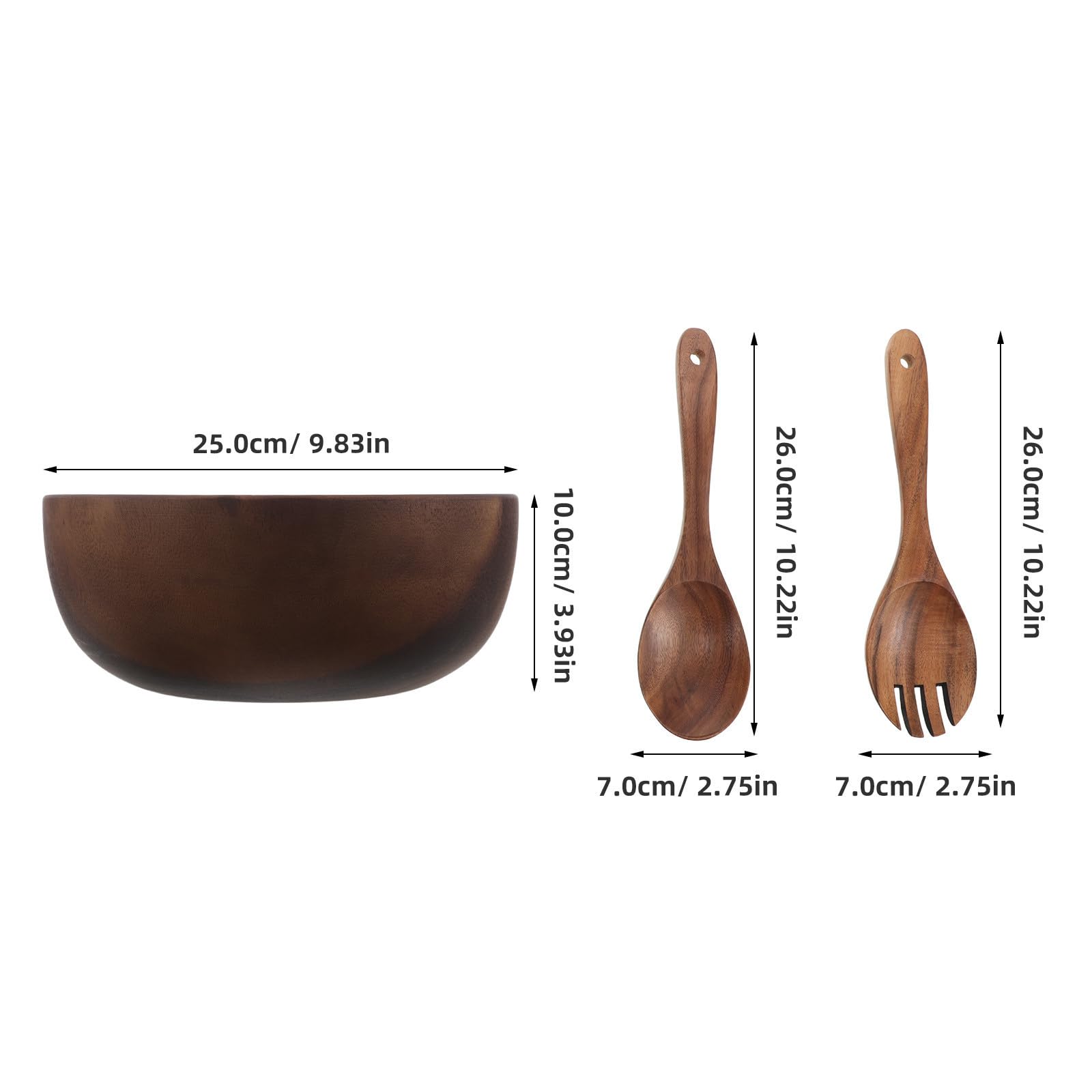 Juego de Cuencos de Madera para Ensalada Redondo 2, 5 L | Marrón, con Tenedor y Cuchara, Acabado Rústico, para Reuniones Familiares y Fiestas, Limpieza Sencilla