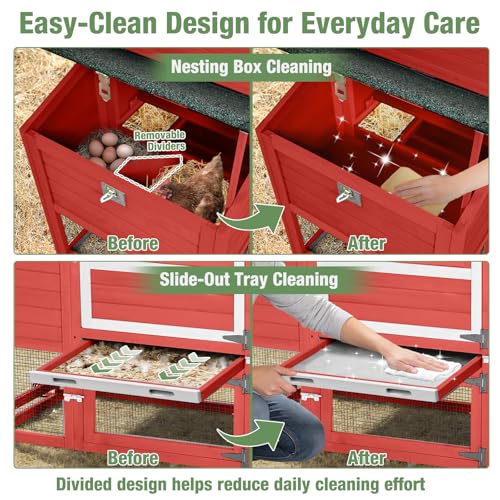 Image of Mobile Chicken Coop with Wheels for 4-6 Chickens, Large Outdoor Hen House with Run, Weatherproof Asphalt Roof, Sectionable Nesting Box & Pull-Out Tray, 82.4 inch L x 25.8 inch W x 44.1 inch H - Red