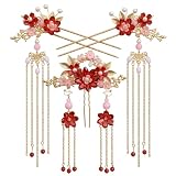 5 Piece Set Red Chinese Hair Pins, Flower Tassel Bride Hair Accessory for Women, Traditional Wedding Hanfu