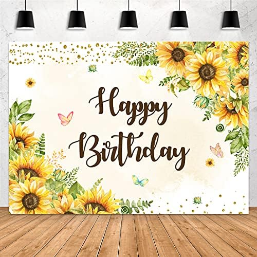 Aperturee 5x3ft Sunflowers Happy Birthday Backdrop Butterfly Gold Dots Girls Women Sweet 16th Bday Photography Background Party Decorations Photo Booth Studio Props Banner Supplies Cake Table