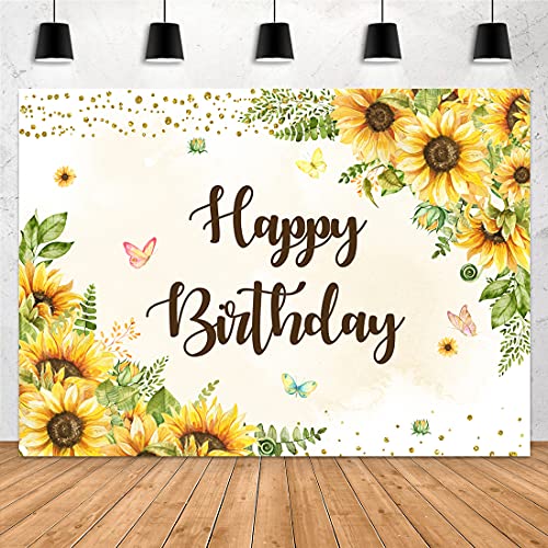 Aperturee 7x5ft Sunflowers Happy Birthday Backdrop Butterfly Gold Dots Girls Women Sweet 16th Bday Photography Background Party Decorations Photo Booth Studio Props Banner Supplies Cake Table