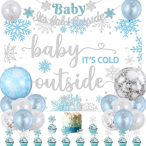 Winter Baby Shower Decorations for Boy Snowflake Baby Shower Decorations Blue Baby Its Cold Outside Banner Backdrop Cake