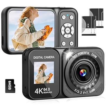 QUOLODOO Câmera digital, câmera de tela dupla 4K 64MP, zoom 18x, aponte e dispare com cartão TF de 64 GB e 2 baterias, câmera pequena portátil recarregável para crianças, adolescentes e adultos, preta