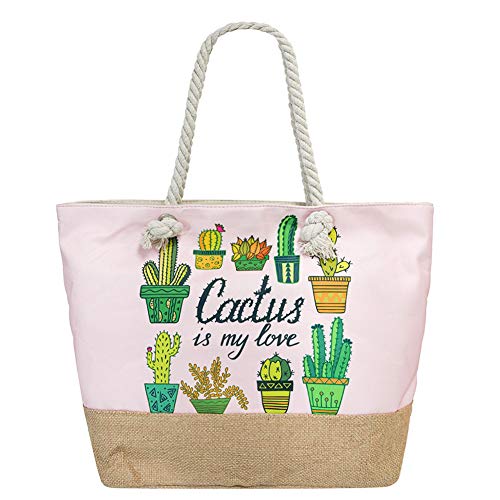 Large Beach Travel Canvas Tote Cute Shoulder Shopping Bag, Cactus-3, Large