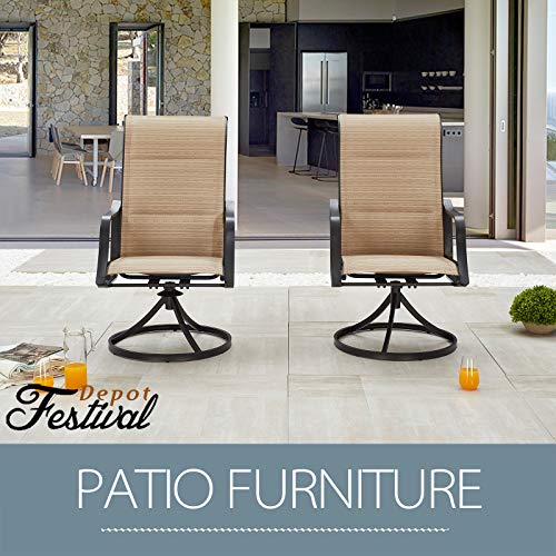 Festival Depot 2 Pc Patio Dining Chairs 360° Swivel Chairs With High Back And Curved Armrest Textilene Fabric Outdoor Furniture For Deck Garden Pool (Beige) #TOP6