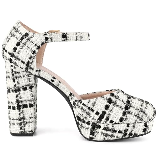 Allegra K Allegra K Women's Round Toe Platform Tweed Black White Chunky Heels Pumps 9 M US
