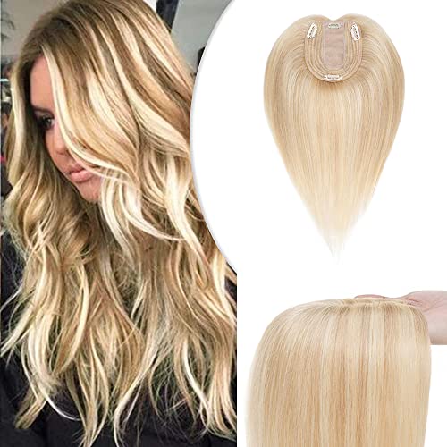 Hairro 18 Inch Silk Base Clip In Human Hair Topper For Women Ash Blonde Mix Dark Blonde Highlight Clip On Toupee Extensions With 4 Clips Filler Hairpiece For Thinning Hair #12/613 #TOP24