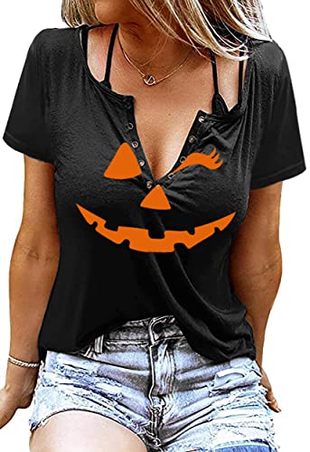 MAIHUN Halloween Pumpkin Face Shirts for Women Hocus Pocus Shirt Funny Pumpkin Tee Tops