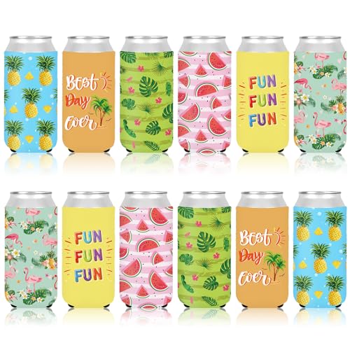 Whaline 12Pcs 12oz Summer Hawaiian Slim Can Sleeves Reusable Beer Can Cooler Cover Tropical Fruit Flamingo Palm Leaves Neoprene Insulated Thermocooler for Drink Bottle Bachelorette Party Favor