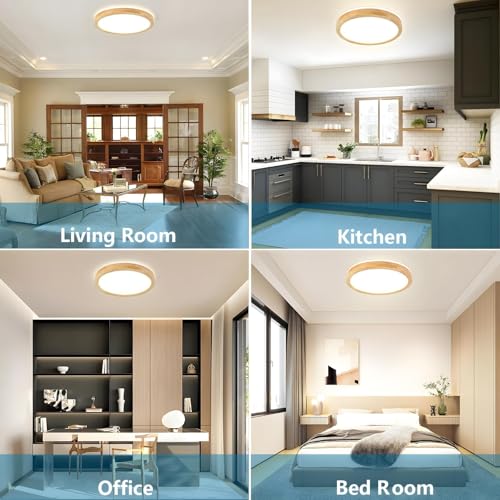 YYUTLUO LED Ceiling Light Wood, Top 360° Glow Round Natural Wooden Lamp, A:ø30cm - Warm 3000k (No Dimmable) - Image 2