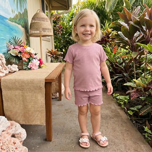 Kupretty 2Pcs Toddlers Baby Girls Summer Clothes Set Ruffle Ribbed Short Sleeves T-Shirt Tops Shorts Comfy Outfits (Pink, 3-4 Years) - Thumbnail 4