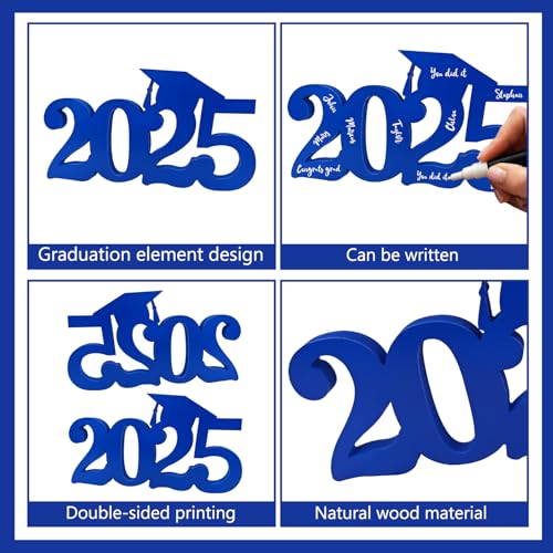 Decorações de formatura azuis, peças centrais de mesa de madeira de parabéns, classe de 2025, adereç