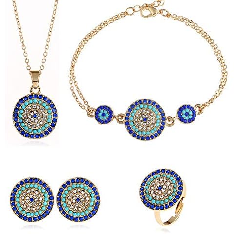 AILUOR Lucky Round Evil Eye Jewelry Set, Gold Inspirational Turkish Hamsa Blue Crystal Evil Eye Charm Pendant Necklace Ring Bracelet and Stud Earrings Sets for Women (Gold) Cover
