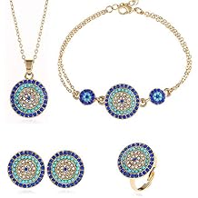 Lucky Round Evil Eye Jewelry Set, Gold Inspirational Turkish Hamsa Blue Cubic Zirconia Crystal Evil Eye Charm Pendant Necklace Ring Bracelet and Stud Earrings Sets for Women