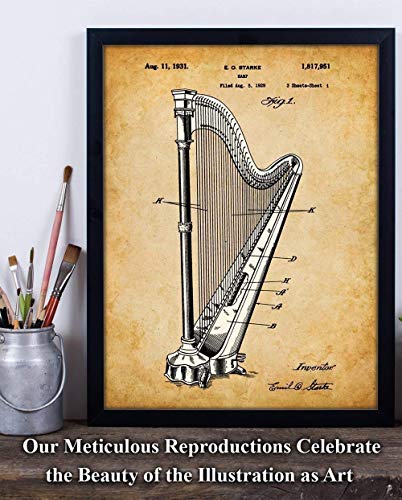 Harp Patent Drawing Print - Music Instrument Wall Art, Music Room Decor, Musician Gift, Vintage Orchestral Art, 11"X14" Unframed Patent Print Poster #TOP2