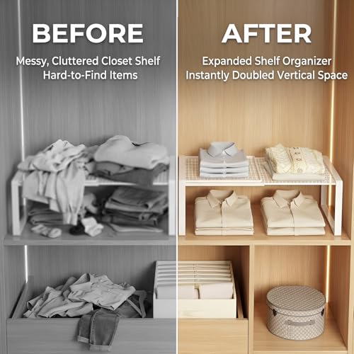 Verstellbare Regale für Schrank, Erweiterbares Einlegeböden Schrankregal, Einlegeböden für Schränke, Kleiderschrank, Schrank, Küche, Badezimmer, 27cm Weit, 31 cm groß, Verstellbare Länge 27-38cm(Weiß)