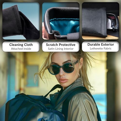 Soft Sunglasses Case Squeeze Top | XL Eyeglass Case w/cloth & pouch - Large Glasses Pouch Holder for multipurpose Travel accessories (CT8 Black) - Thumbnail 3