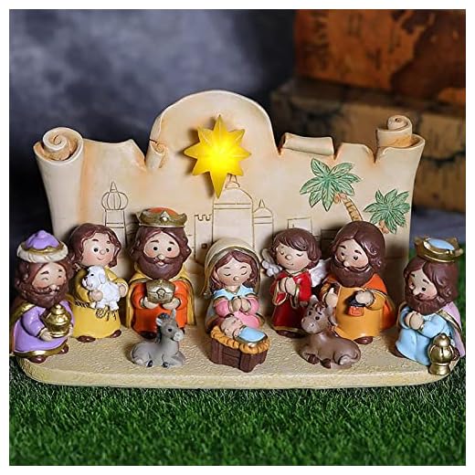 Hondony 10 peças porcelana para presépio resina, conjuntos presépio para pessoas pequenas, para mesa, mini presépio decoração artesanato cena presépio para ornamentos religiosos Natal para ambientes internos
