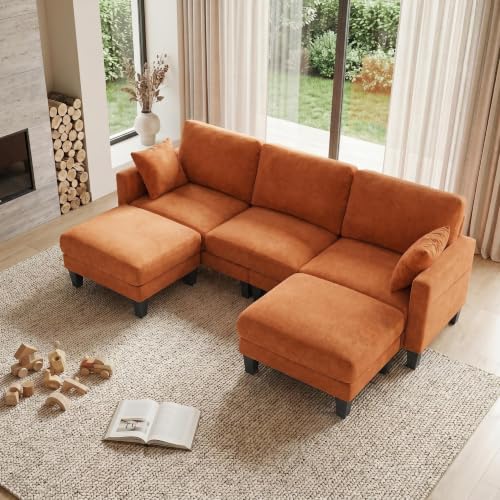 VINGLI 100" W U Shaped Couch with Ottoman, 22" Deep Seat Comfortable Sectional Couches for Living Room, 3 Seater Chenille Fabric Cloud Sofa for Apartment, Small Spaces, Bedroom, Orange