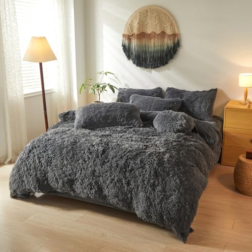 Faux Fur Fluffy Dark Grey Comforter Cover Twin Set – Plush Faux Fur Dark Grey Bedding 2-Piece Set (1 Furry Duvet Cover + 1 Shaggy Pillow Sham) Cozy Bed Set