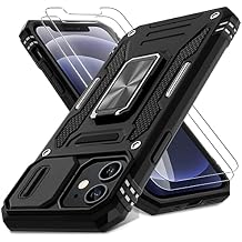 DEERLAMN Case for iPhone 12/12 Pro with Slide Camera Cover+Screen Protector2 Packs,Rotated Ring Kickstand Military Grade Shockproof Protective Cover-Black